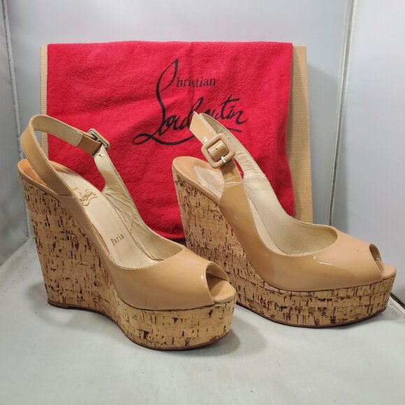 Christian Louboutin Patent Cork Wedge Sandals Une Plume Sling 140 Nude